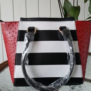 Handbag Black & White Stripes With Red Ostrich Sides NWT